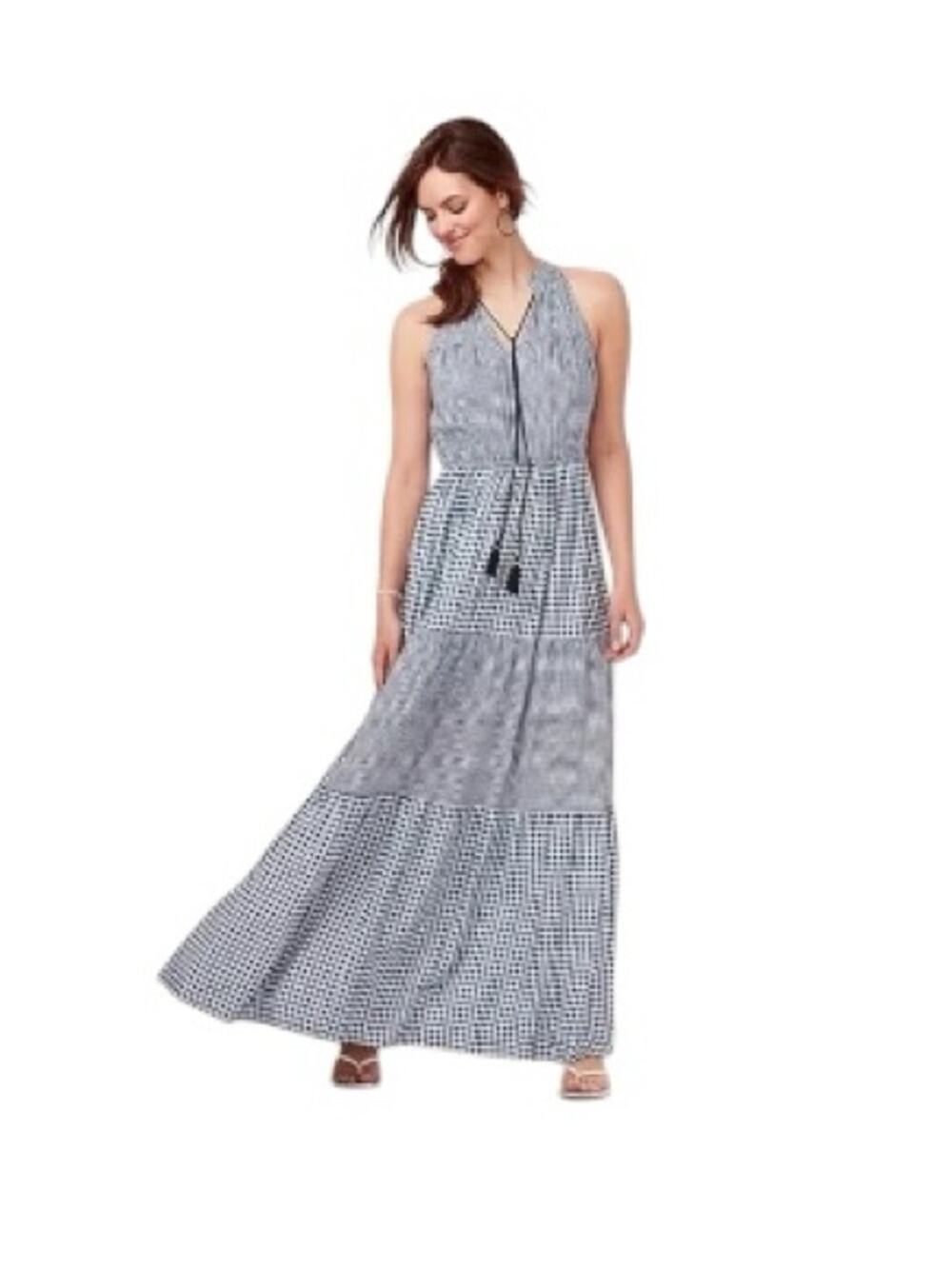 LC Lauren Conrad Blue White Gingham Maxi Dress Sleeveless Tiered Dress Small